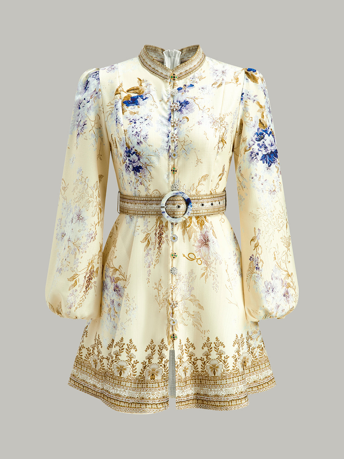 Floral Print Puffed Sleeve Dress With Belt