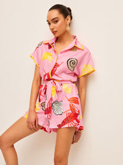 Fruit & Shell Print Tie-Waist Jumpsuit