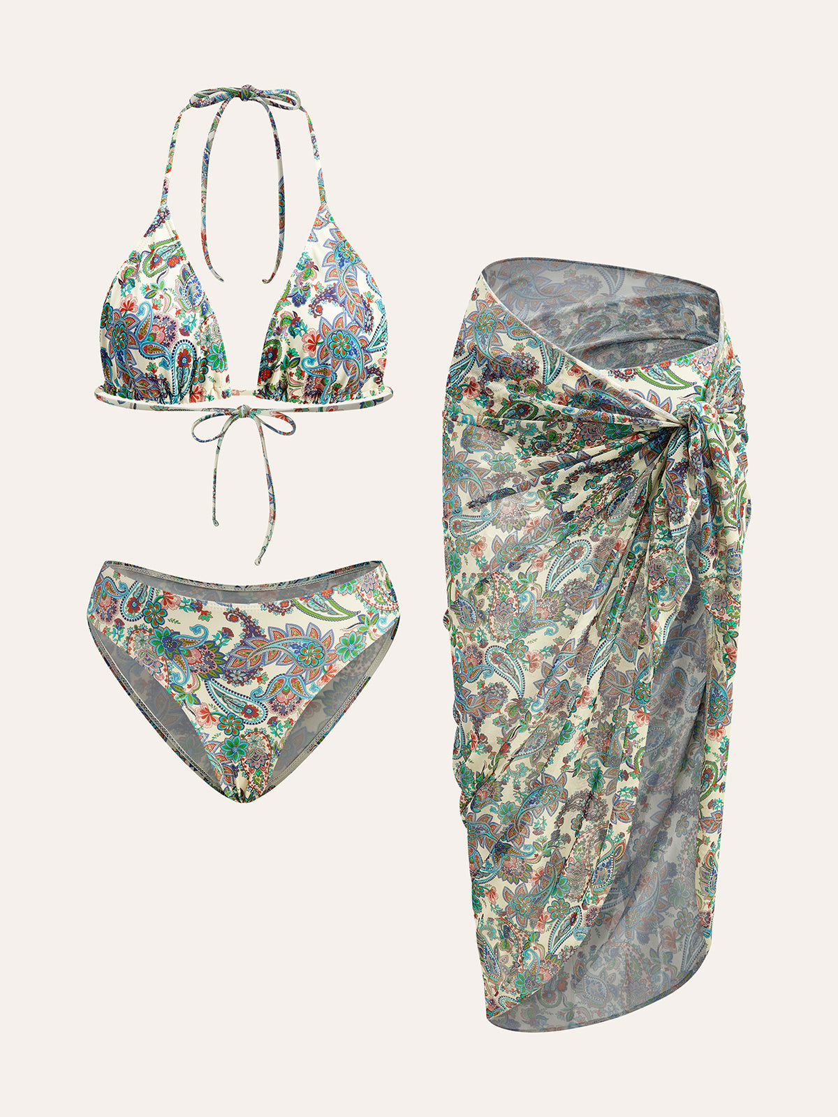 Tie-Back Bikini Set with Paisley Print Cover-Up