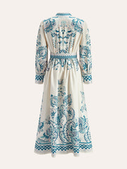 Print Button Detail Belted Dress