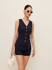 Knitted Button-Front Vest With Shorts Set
