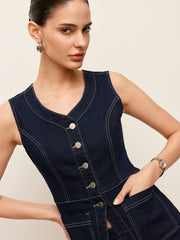 Denim Button-Front Vest With Pockets