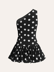 One-Shoulder Polka Dot Peplum Dress