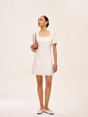 Cotton & Linen Lace-Trimmed Button-Detail Dress