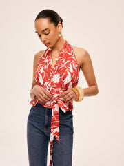 Floral Halter Neck Tie Waist Top