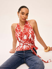 Floral Halter Neck Tie Waist Top