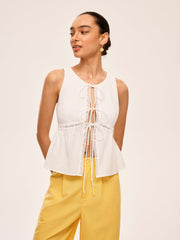 Cotton Lace-Up Detail Semi-Sheer Top