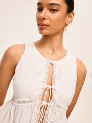 Cotton Lace-Up Detail Semi-Sheer Top