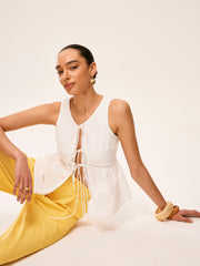 Cotton Lace-Up Detail Semi-Sheer Top