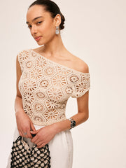 Asymmetrical Off-Shoulder Semi-Sheer Crochet Top