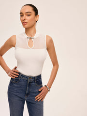 Mesh Detail Keyhole Neck Ribbed Top