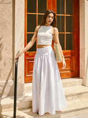 Cotton Mid-Waist Pleated Maxi Skirt
