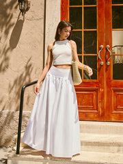 Cotton Mid-Waist Pleated Maxi Skirt