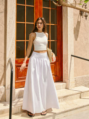 Cotton Mid-Waist Pleated Maxi Skirt