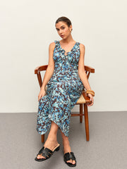 Floral Lettuce Trim V-Neck Zipper Dress