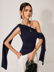 One-Shoulder Draped Tie Detail Top