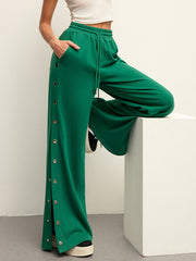 Mid-Waist Drawstring Sweatpants With Button Side Detail