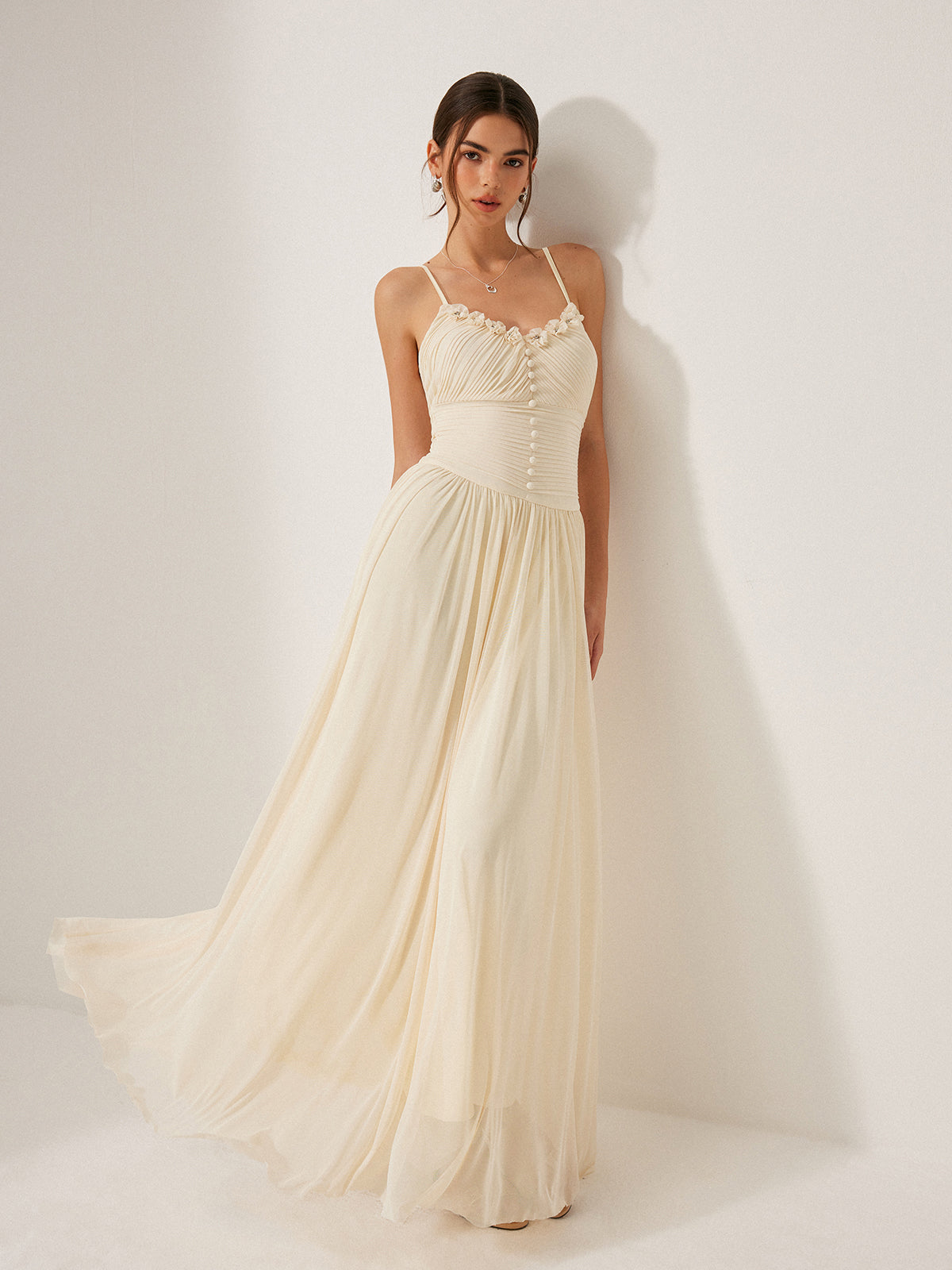 Button-Detail Mesh Panel Dress