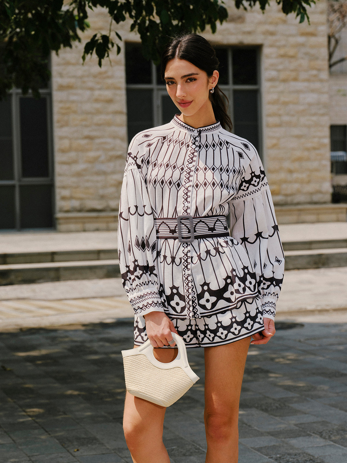 Linen Blend Long Sleeve Belted Shorts Set