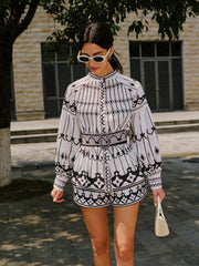 Linen Blend Long Sleeve Belted Shorts Set