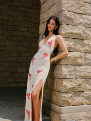 Embroidered Split Knit Halter Dress
