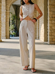 Linen Blend Mid-Waist Pants With Pockets