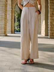 Linen Blend Mid-Waist Pants With Pockets