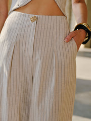 Linen Blend Mid-Waist Pants With Pockets