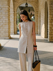 Linen Blend Button-Front Dress With Pockets