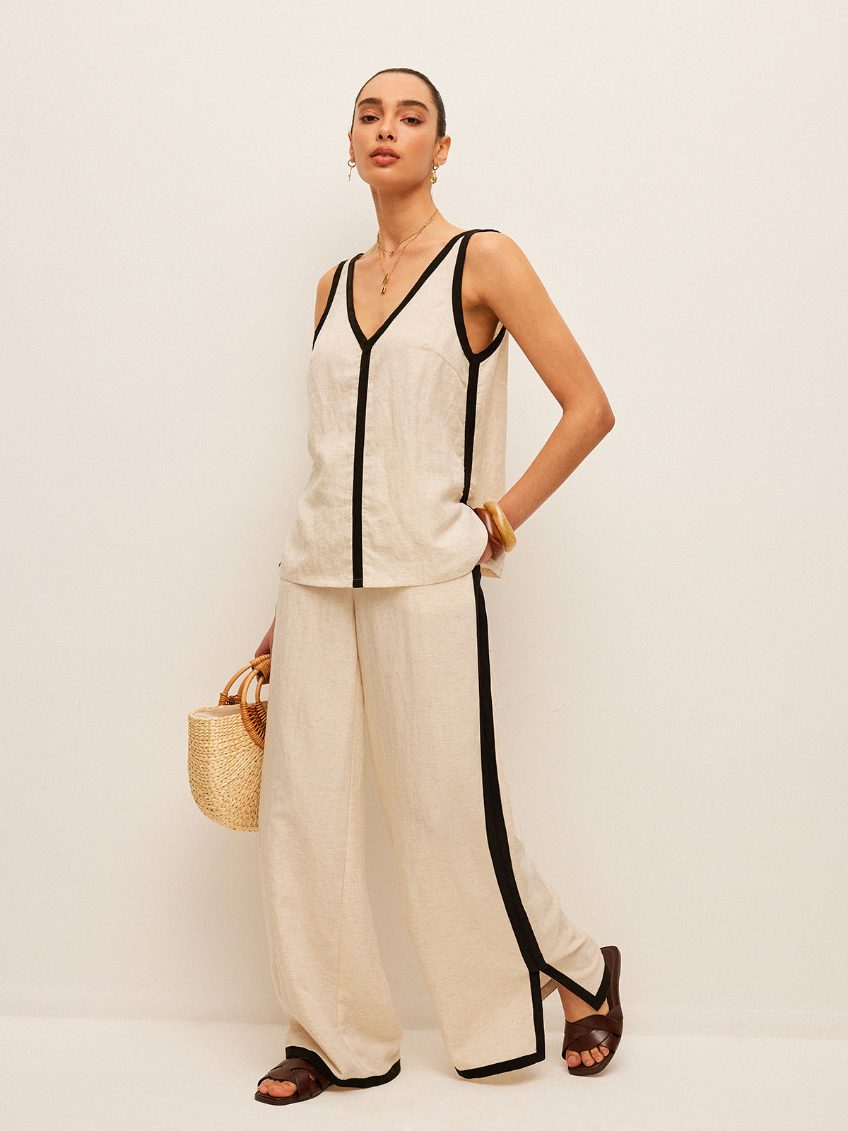 Cotton & Linen Contrast Trim V-Neck Pants Set