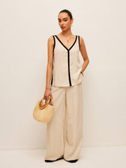 Cotton & Linen Contrast Trim V-Neck Pants Set