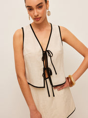 Cotton & Linen Contrast Trim V-Neck Skirt Set