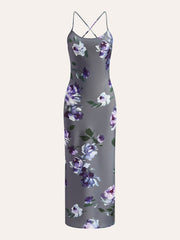 Satin Floral Print Side-Slit Dress