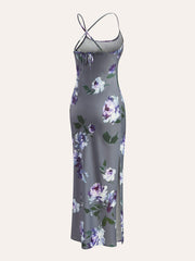 Satin Floral Print Side-Slit Dress