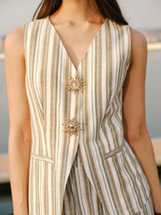 Linen & Cotton Metal Detail V- Neck Striped Vest