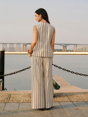 Linen & Cotton Mid-Waist Striped Wide-Leg Pants