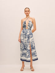 Printed Contrast Trim Knotted Spilt Dress