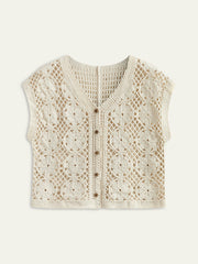 Semi-Sheer Jacquard Cut-Out V-Neck Tank Top