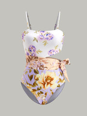 Print Cut-Out Bow Spaghetti Strap One-Piece Swimsuit