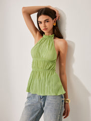 Pleated Halter Top With Tie Neck