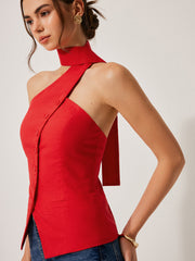 Cotton & Linen Halter Top With Decor Pockets