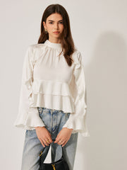 Stand Collar Button Ruffle Peplum Blouse