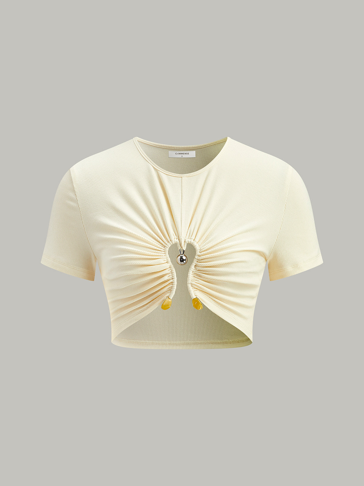 Cut-Out Ruched Metal Detail Ribbed T-Shirt