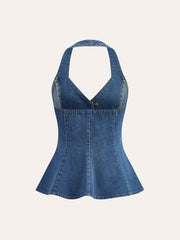 Denim Halter Top With Button Details