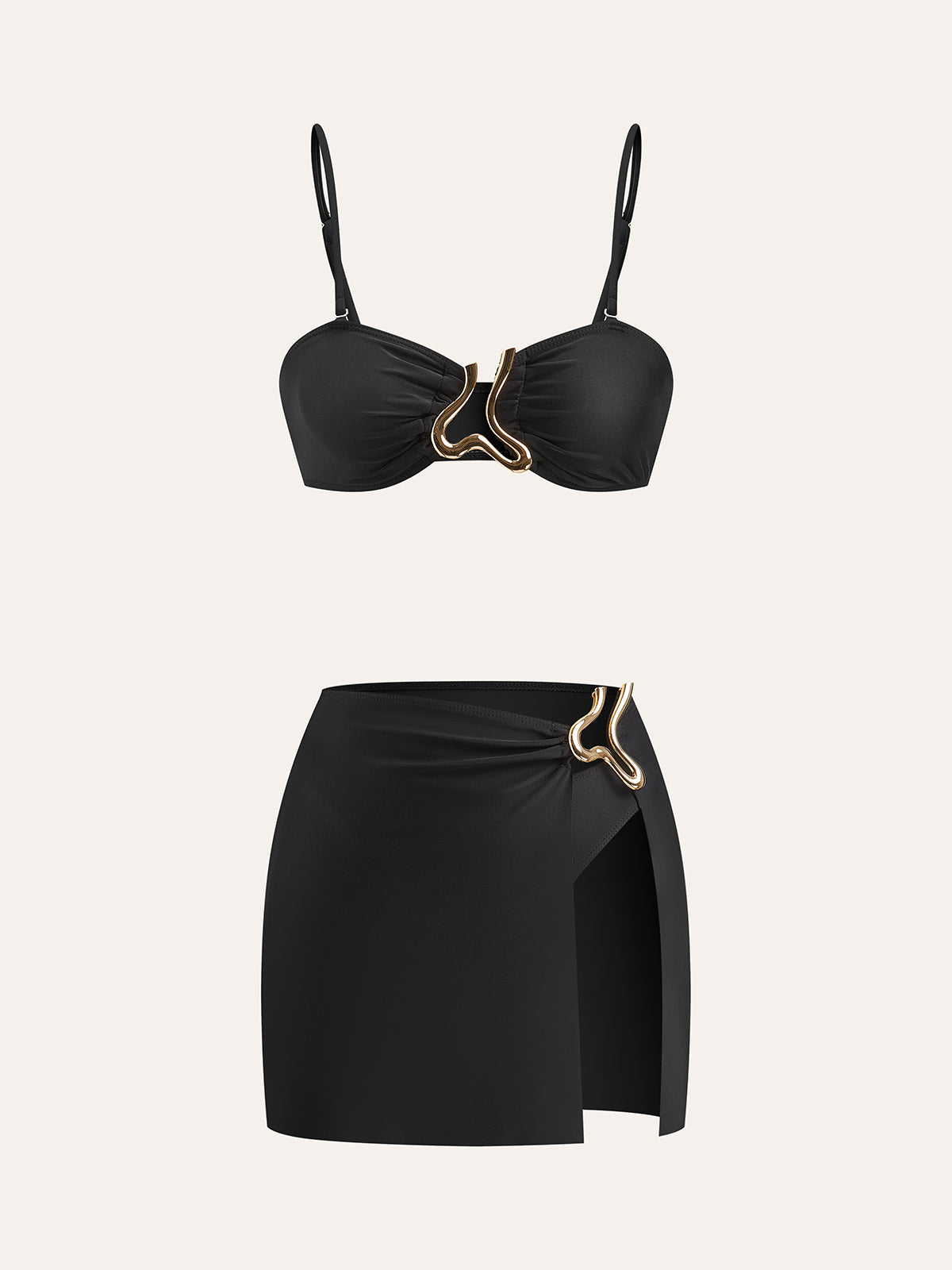 Golden Detail Bikini Set With Cover-Up Skirt