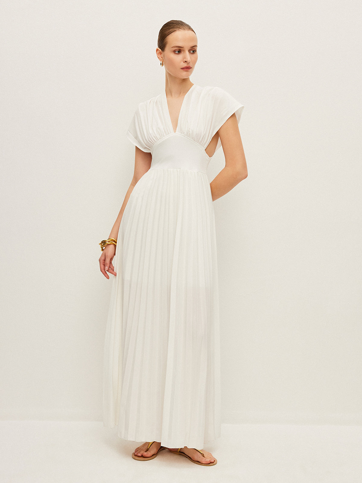 Pleated Cap-Sleeve Dress