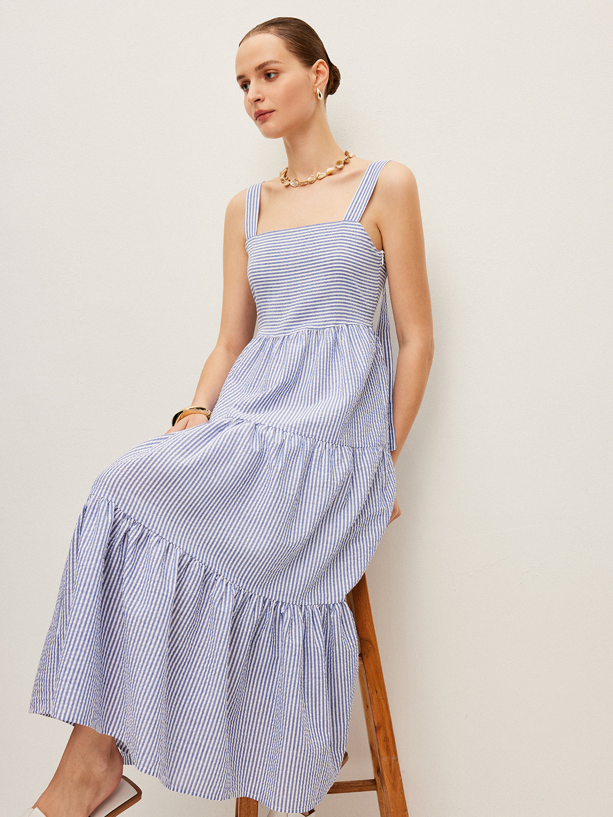 Striped Button-Detail Sleeveless Dress