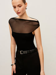 Semi-Sheer Mesh Panel Boat Neck T-Shirt