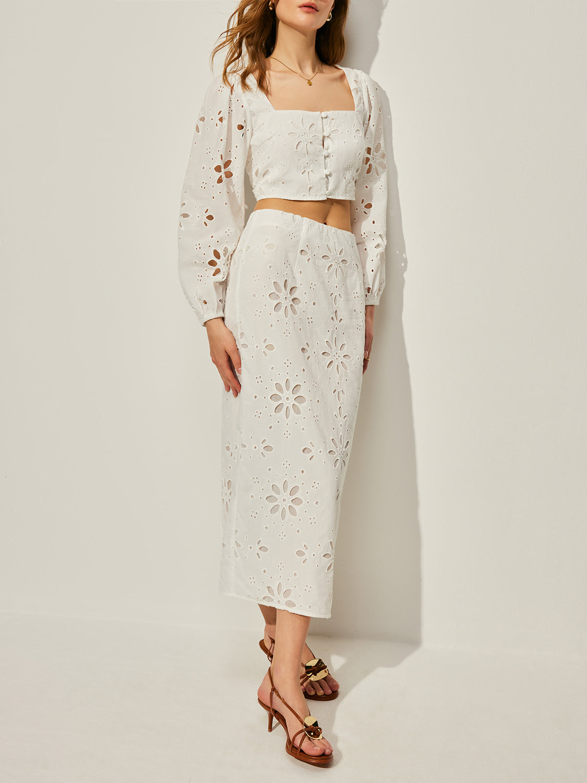 Cotton Hollow Floral Skirt Set