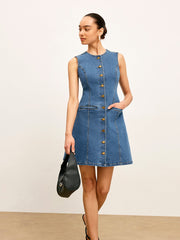 Button Detail Pockets Denim Dress